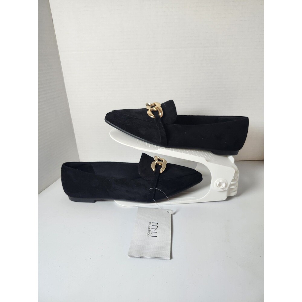 Musshoe Faux Suede Black With Gold Chain Pointed Toe Flats Women’s Size 8.5